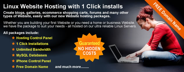 Linux Website Hosting Plans with one click installs. Create blogs, galleries, ecommerce shopping carts, forums and many other types of Website, easily with our new Website hosting packages. Whether you are building your first Website or you need a home or business Website, we have the Website hosting package to suit your needs - all hosted on our ultra reliable Linux Servers. All Linux Hosting packages include, hosting control panel, one click script installations, unlimited bandwidth, MySQL databases, iPhone control panel, free domain name, and much more.